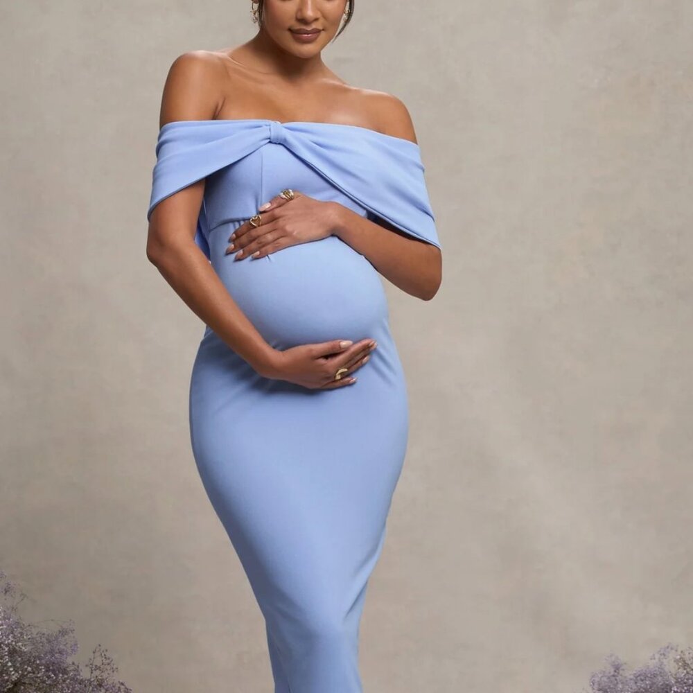 Powder Blue Bardot Bow Maternity Midi Dress with Ruching (Size 4)